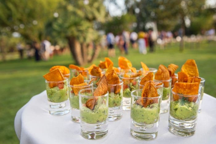 Guacamole shooters with tortilla crisps at a garden party
